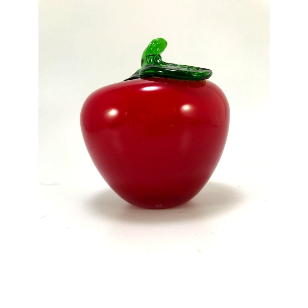 Handblown Art Glass Apple Paperweight with Attached Stem and Leaf - Picture 2 of 6